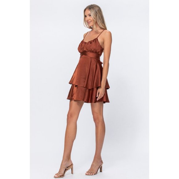 Brown Satin Ruffle Mini Dress - Picture 3 of 6